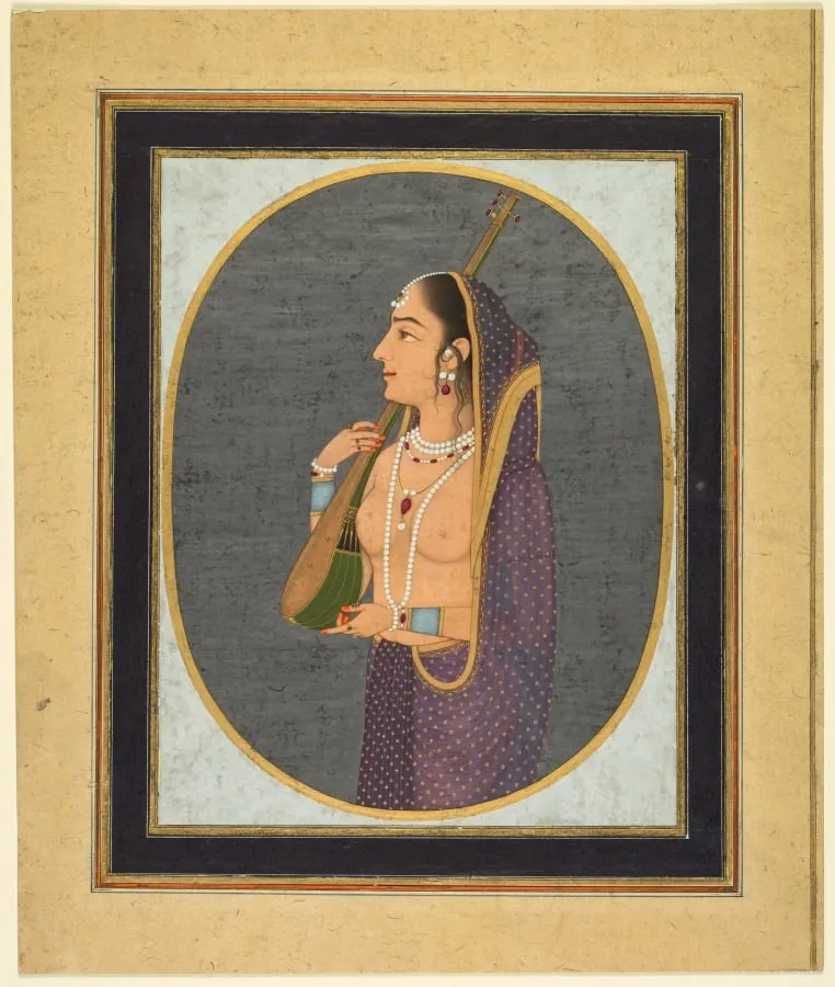 Court lady singing and playing the vina (recto), by Muhammad Rizavi Hindi, unspecified, 1760