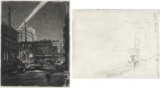 New York Night (recto) Study for New York Night (verso), by Muirhead Bone