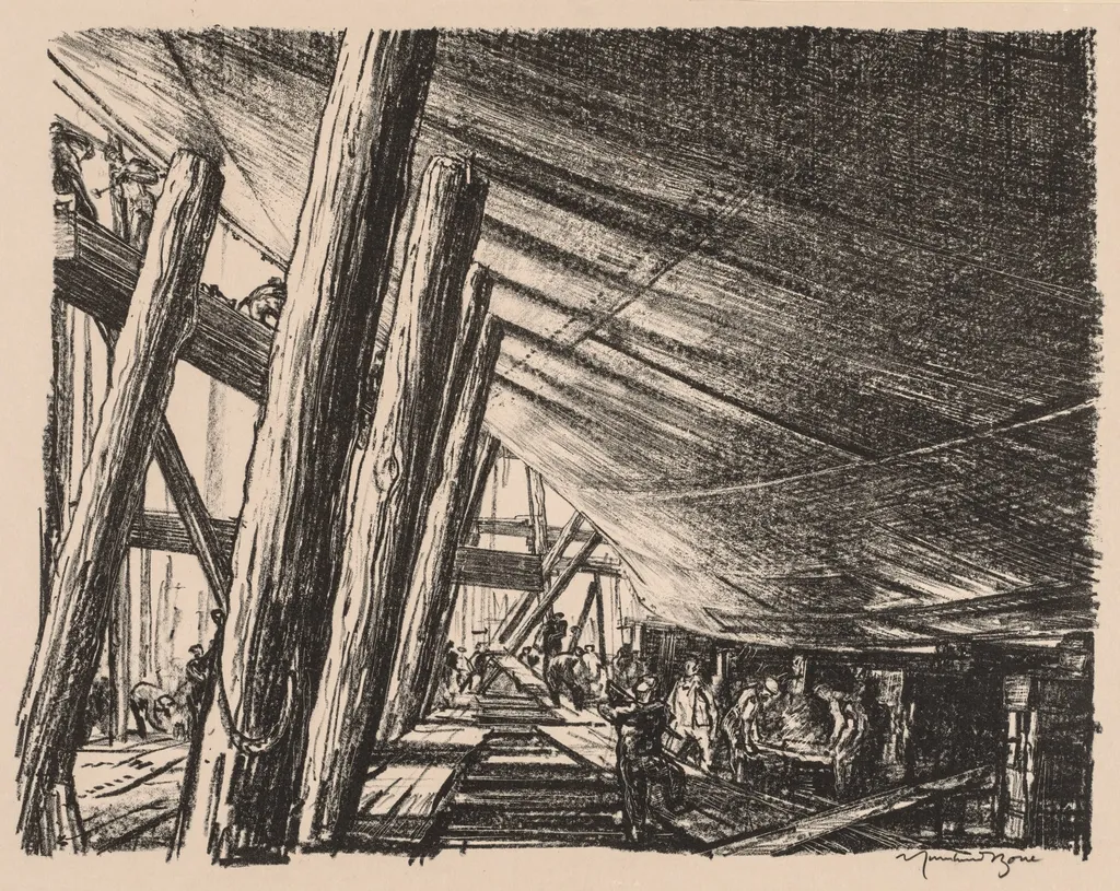 On the Clyde, 1917-1918: Building a Cross Channel Train Ferry, by Muirhead Bone, 1918
