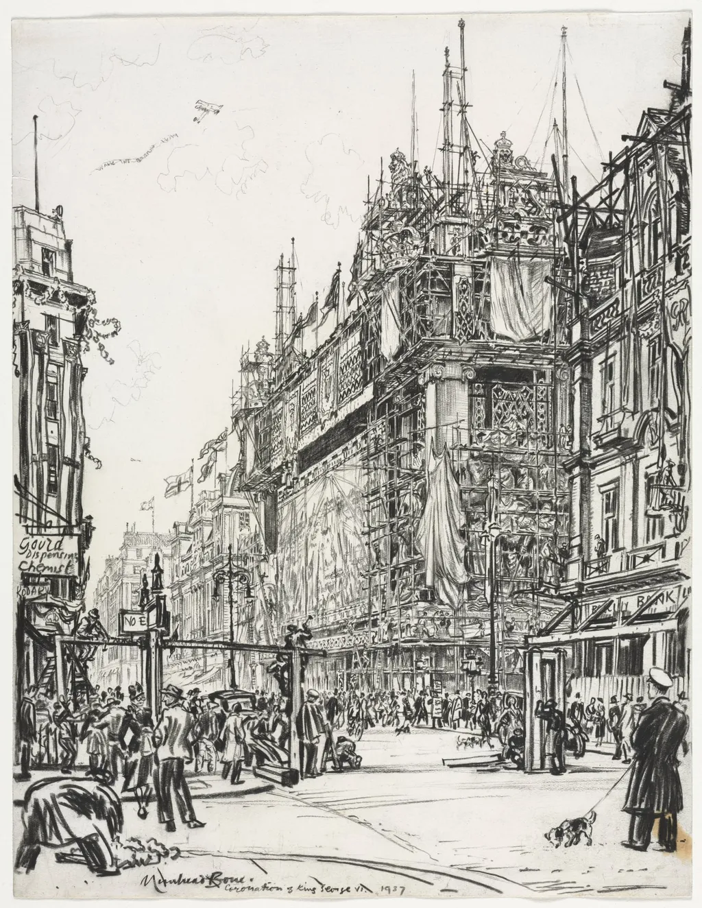 Selfridges, Oxford Street; Coronation of George VI, by Muirhead Bone, 1937