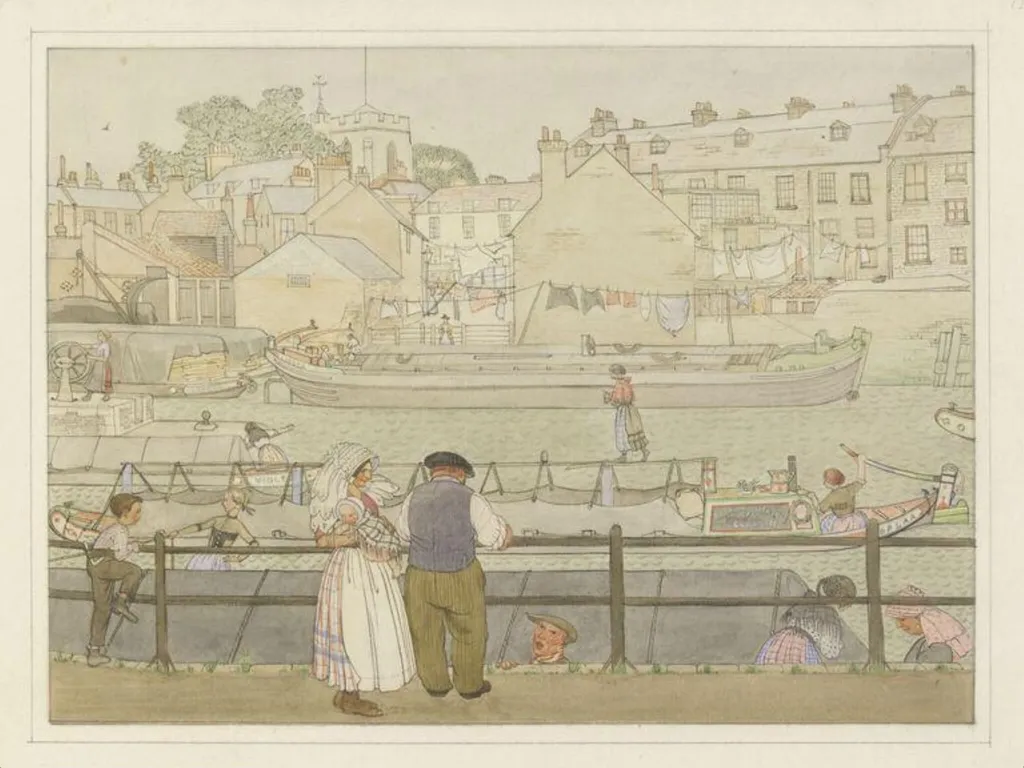 Barges going through the Lock, Brentford, by Muriel E.T. Asprey, watercolor, 1973
