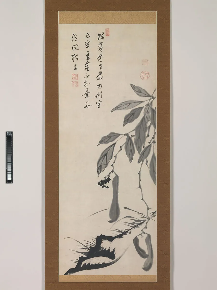 伊藤若冲筆 無染浄善 (丹崖) 賛 豌豆豆図|Bean Vine, by Musen Jōzen|Itō Jakuchū, ink, 1750