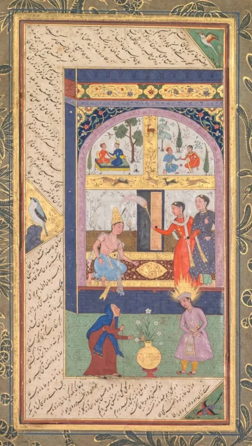 Zulaykha in her palace and as an elderly woman with Joseph (recto), from a Panj Ganj (Five Treasures) of Abd al- Rahman Jami (Persian, 1414–1492), by Mushfiq, unspecified, 1605