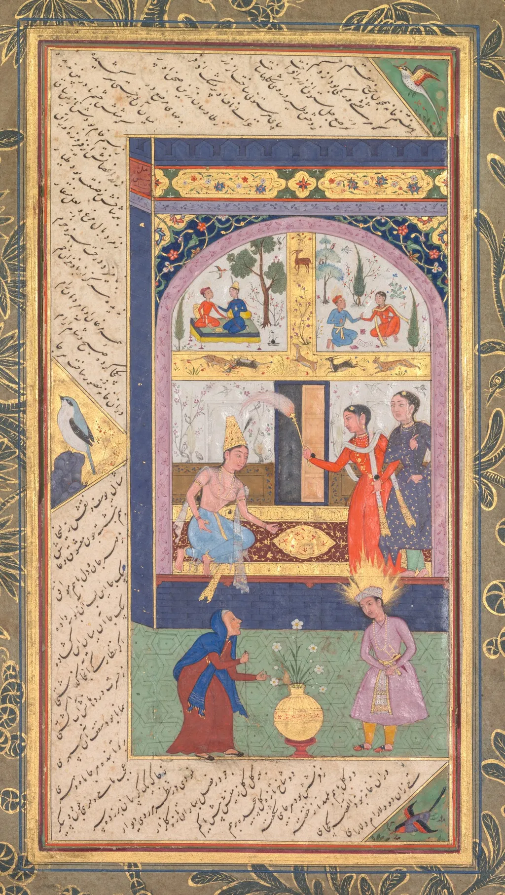 Zulaykha in her palace and as an elderly woman with Joseph (recto), from a Panj Ganj (Five Treasures) of Abd al- Rahman Jami (Persian, 1414–1492), by Mushfiq, unspecified, 1605