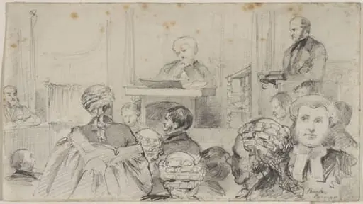 Sheets of studies of participants in a legal action, by Myles Birket Foster