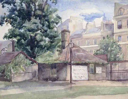 Entrance lodge to the South Kensington (now the Victoria and Albert) Museum and surrounding buildings, facing the Cromwell Road, by Myra Jessie Tindell