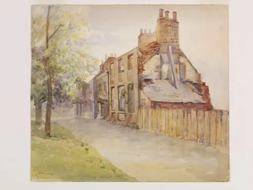 Old brick residences in the grounds of the South Kensington Museum (now the Victoria and Albert Museum), by Myra Jessie Tindell