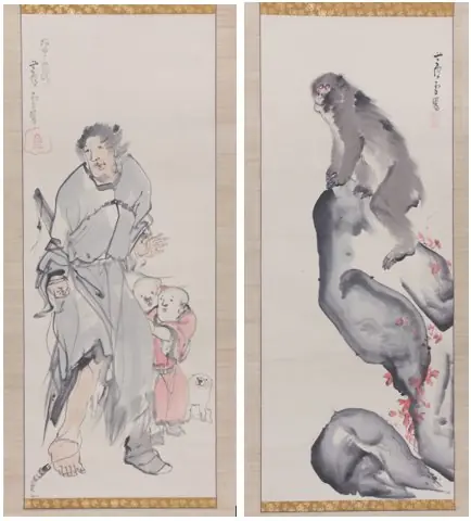 Monkey on a Rock; Monkey Trainer with Chinese Children and Puppy, by Nagasawa Rosetsu, 1798