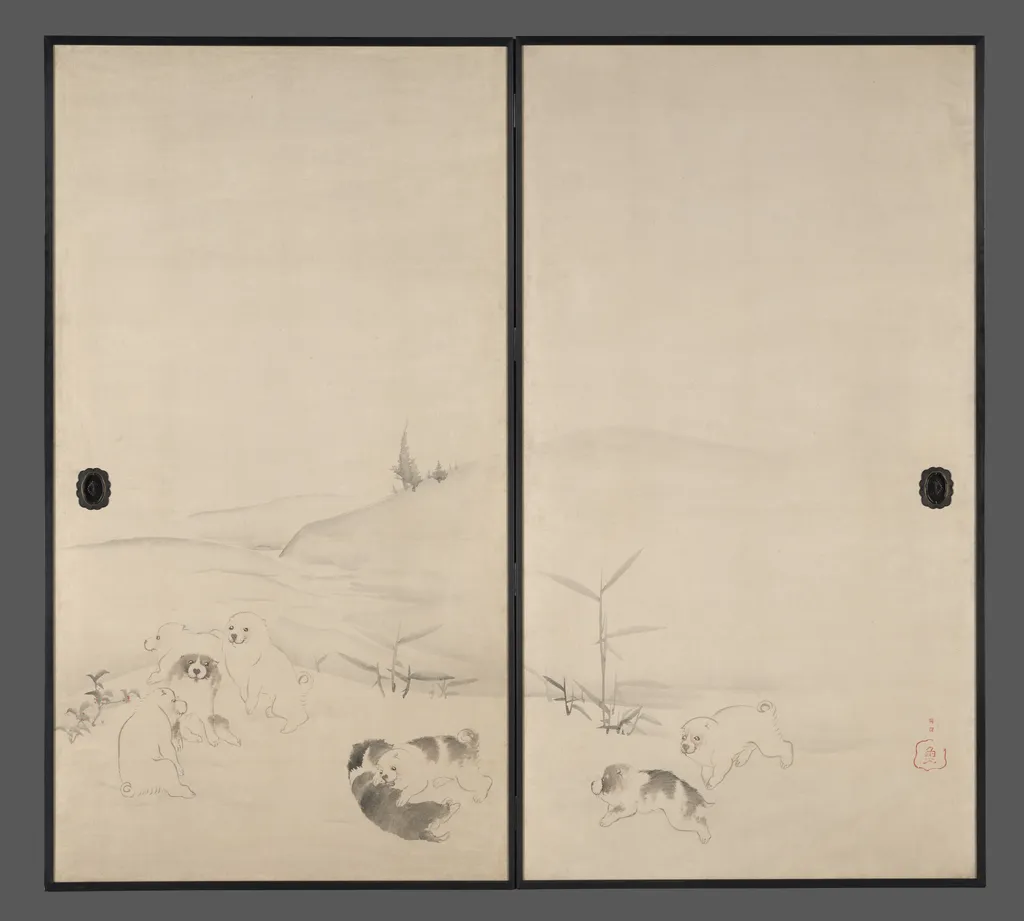 Puppies in the Snow, by Nagasawa Rosetsu 長澤蘆雪, unspecified, 1798