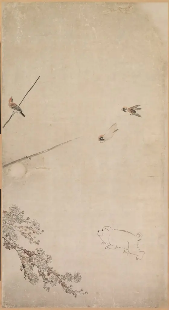 Puppies, Sparrows, and Chrysanthemums, by Nagasawa Rosetsu 長澤蘆雪