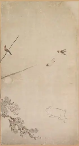 Puppies, Sparrows, and Chrysanthemums, by Nagasawa Rosetsu
