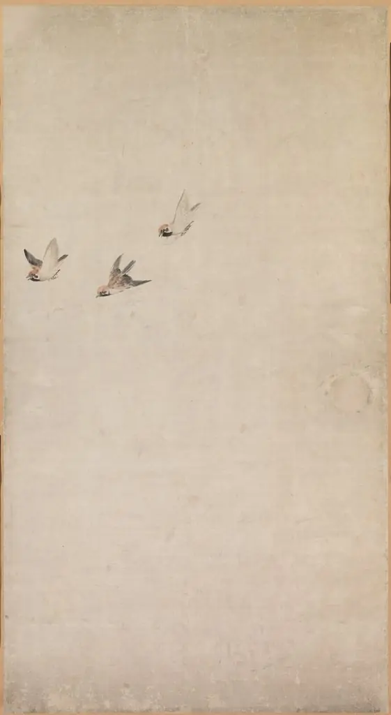 Puppies, Sparrows, and Chrysanthemums, by Nagasawa Rosetsu 長澤蘆雪