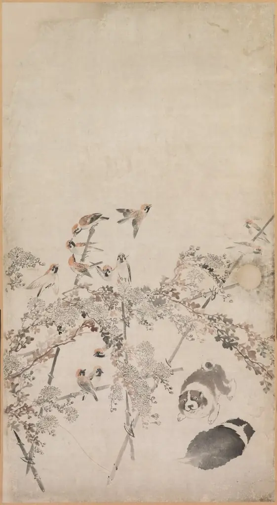 Puppies, Sparrows, and Chrysanthemums, by Nagasawa Rosetsu 長澤蘆雪