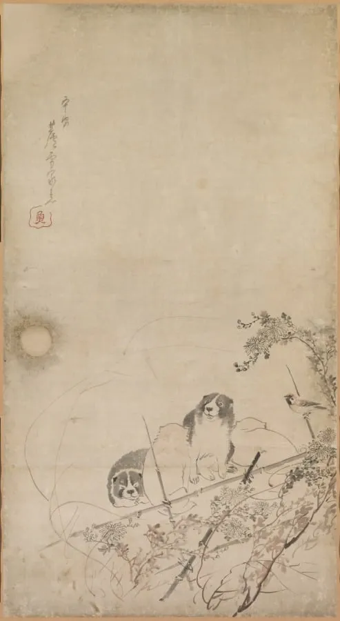 Puppies, Sparrows, and Chrysanthemums, by Nagasawa Rosetsu, unspecified, 1793