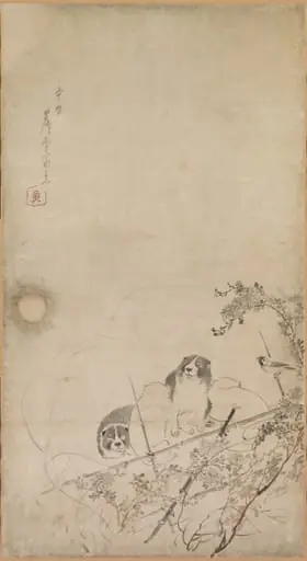 Puppies, Sparrows, and Chrysanthemums, by Nagasawa Rosetsu
