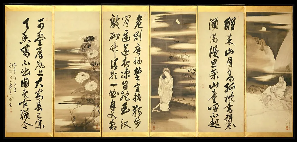 書画押絵貼屏風|Miscellaneous Paintings and Calligraphy, by Nagasawa Rosetsu 長澤蘆雪|Shishin Sōgin 指津宗琅, ink, 1785