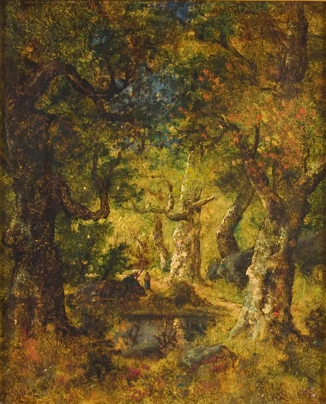 Interior of a Wood with Lake and Figures, by Narcisse Virgilio Díaz, oil, 1849