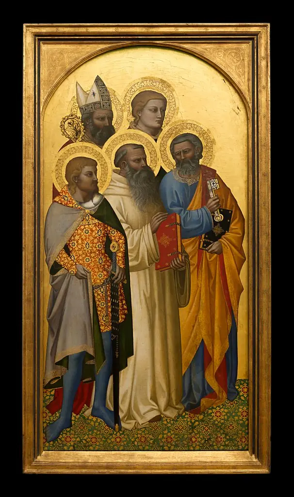 the Saints Peter, Benedict, Julian (?), Stephan (?), and a holy bishop (Nicholas of Bari?), by Nardo di Cione