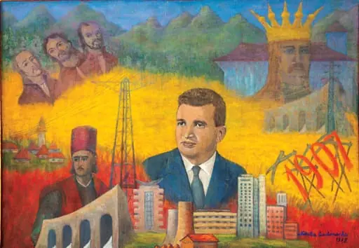 Tablou, ulei pe pânză, „Nicolae Ceaușescu și scene din istoria poporului”, semnat Natalia Gadonschi și datat 1972 în partea dreaptă jos. Nicolae Ceaușescu este reprezentat înconjurat de personalități și evenimenta cu trecut revoluționar: Horia, Cloșca și Crișan, Tudor Vladimirescu, Răscoala de la 1907, Ștefan cel Mare (în fața uneia din ctitoriile sale). Nicolae Ceaușescu este reprezentat ca un ctitor al socialismului. Tablou oferit de Natalia și Nicolae Gadonschi – Țepeș, cu ocazia aniversării zilei de naștere al lui Nicolae Ceaușescu, ianuarie 1978., by Natalia Gadonschi