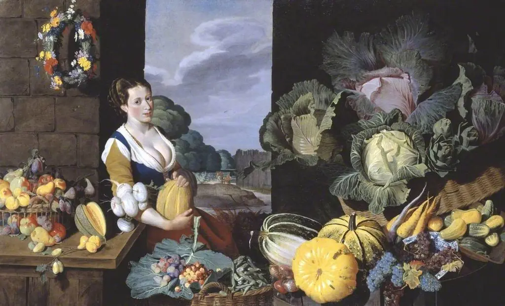 Cookmaid with Still Life of Vegetables and Fruit, by Nathaniel Bacon, 1622