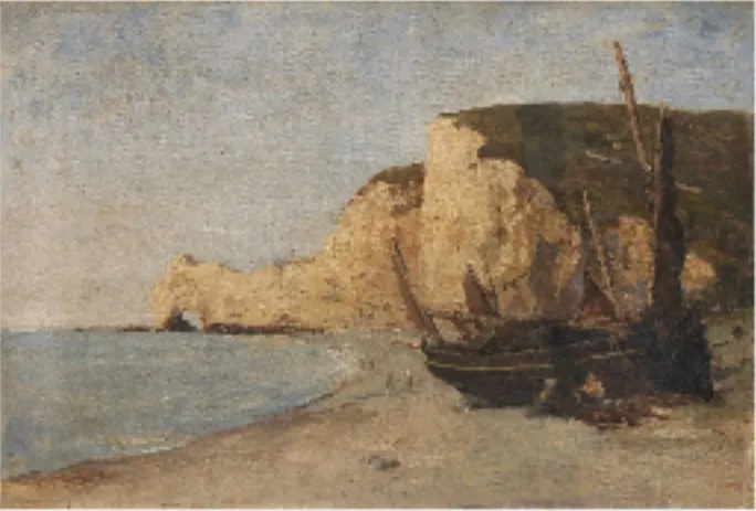 A Fishing Boat below a Cliff, ?Etretat, by Nathaniel Hone the Younger, oil, 1881