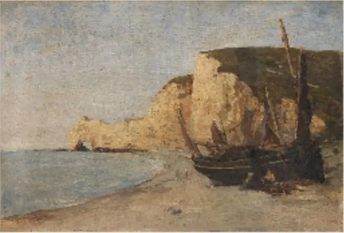 A Fishing Boat below a Cliff, ?Etretat, by Nathaniel Hone the Younger