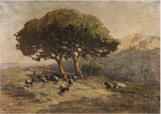 Goats and Pine Trees, South of France, by Nathaniel Hone the Younger, oil, 1881