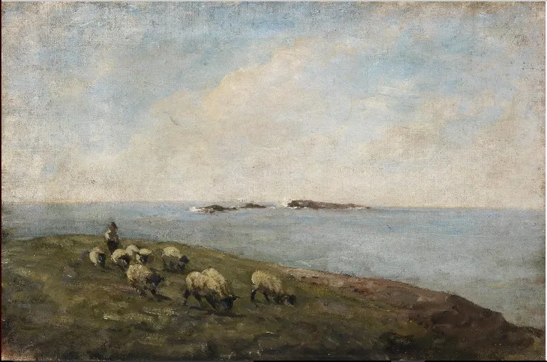 Sheep and a Shepherd by the Sea, by Nathaniel Hone the Younger, oil, 1881