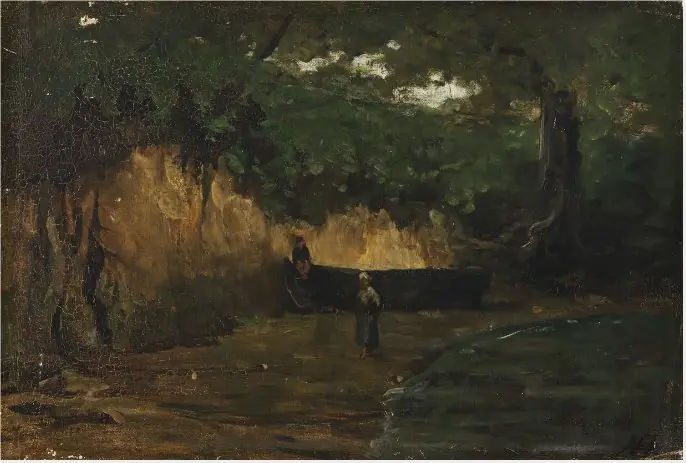Yard with Trees, and a Boy Sitting on a Tree-trunk, by Nathaniel Hone the Younger