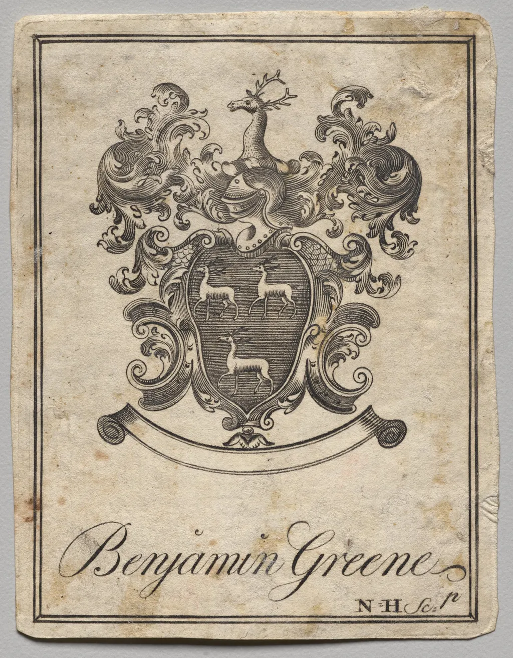 Bookplate: Coat of Arms with Benjamin Greene inscribed, by Nathaniel Hurd, 1764