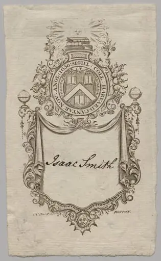 Bookplate: Coat of Arms with Isaac Smith inscribed, by Nathaniel Hurd