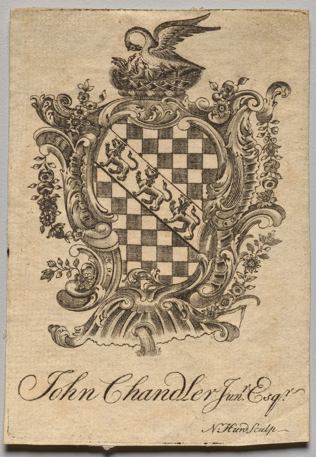 Bookplate: Coat of Arms with John Chandler Jun.r, Esq. inscribed, by Nathaniel Hurd, 1764