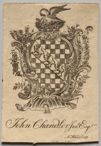 Bookplate:  Coat of Arms with John Chandler Jun.r, Esq. inscribed, by Nathaniel Hurd