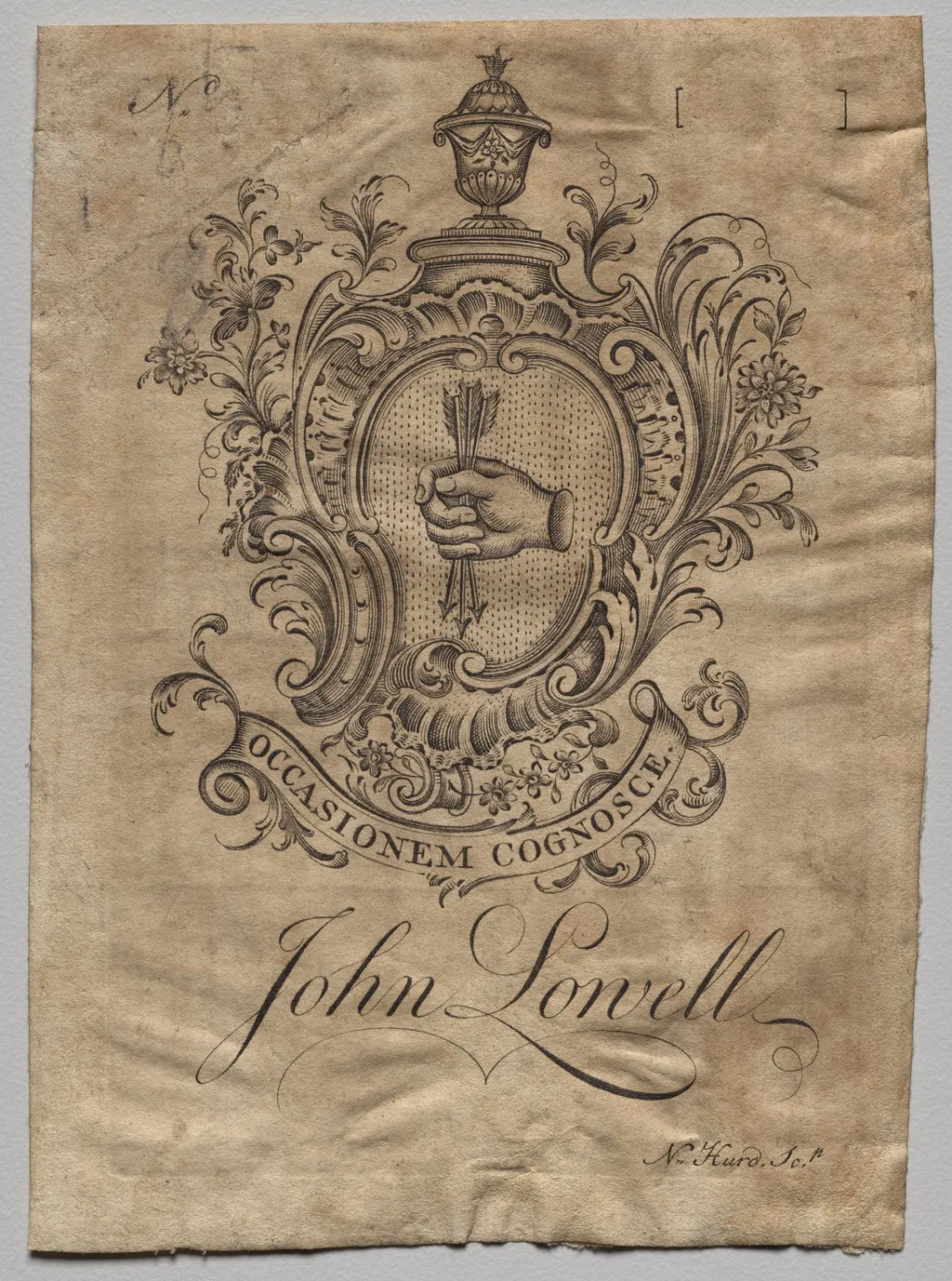 Bookplate: Coat of Arms with John Lowell inscribed, by Nathaniel Hurd, 1764
