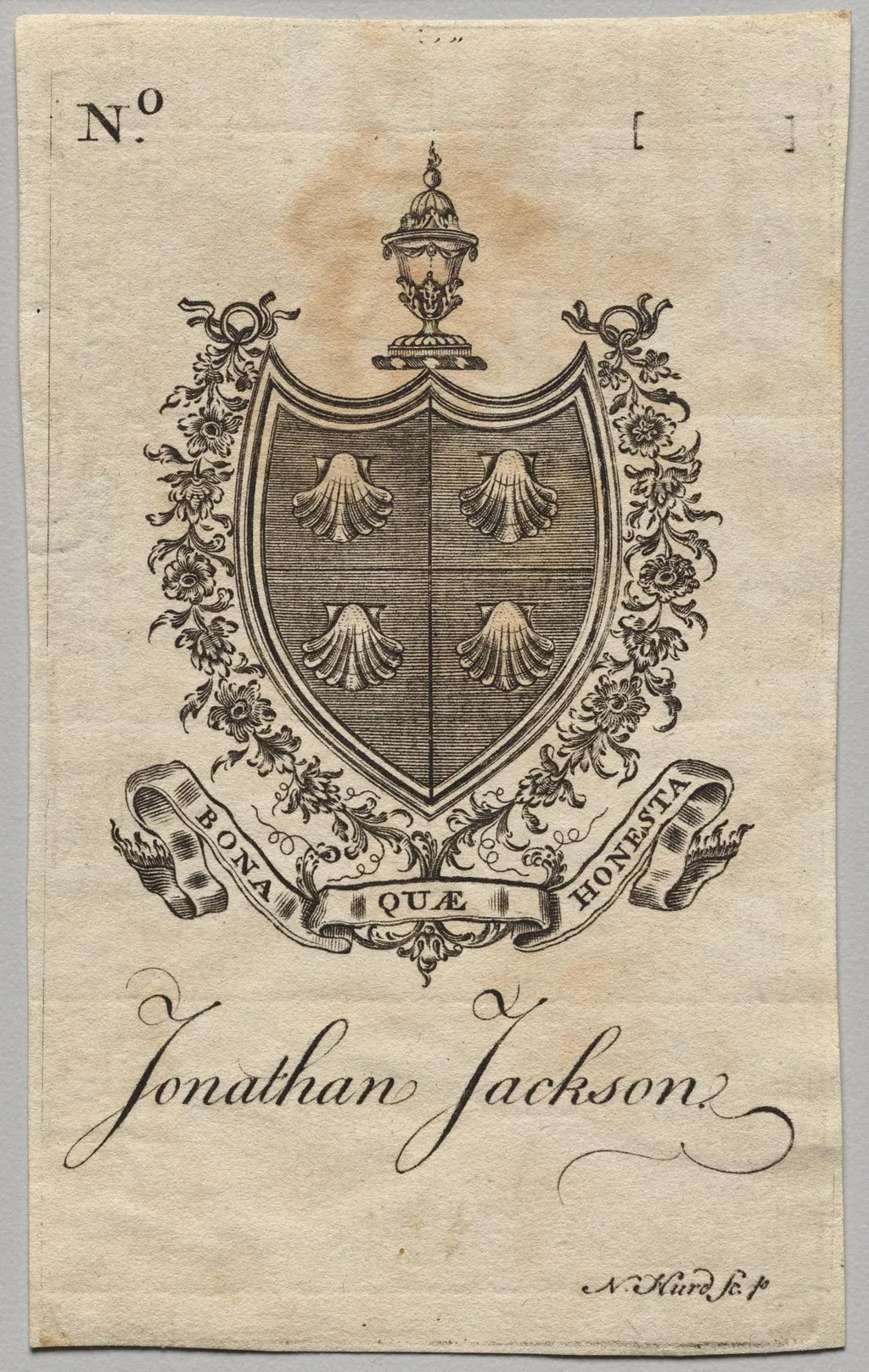 Bookplate: Coat of Arms with Jonathan Jackson inscribed, by Nathaniel Hurd, 1764