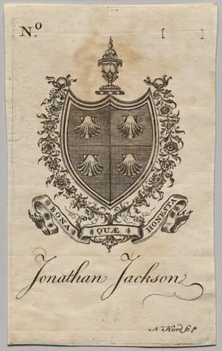 Bookplate: Coat of Arms with Jonathan Jackson inscribed, by Nathaniel Hurd