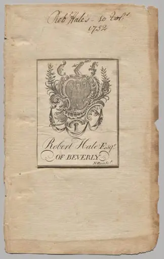 Bookplate: Coat of Arms with Robert Hale, Esq. inscribed, by Nathaniel Hurd