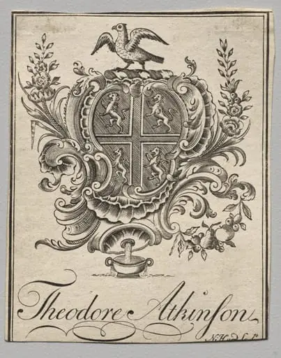 Bookplate: Coat of Arms with Theodore Atkinson inscribed, by Nathaniel Hurd