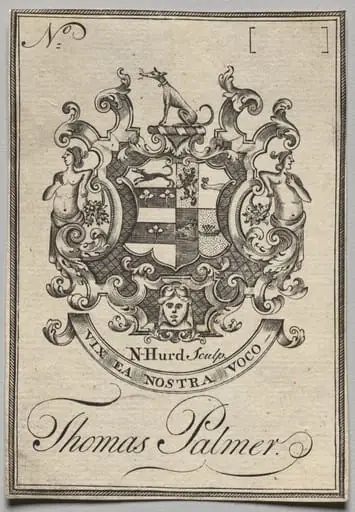 Bookplate:  Coat of Arms with Thomas Palmer inscribed, by Nathaniel Hurd