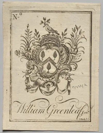 Bookplate: Coat of Arms with William Greenleaf Jun.r inscribed, by Nathaniel Hurd