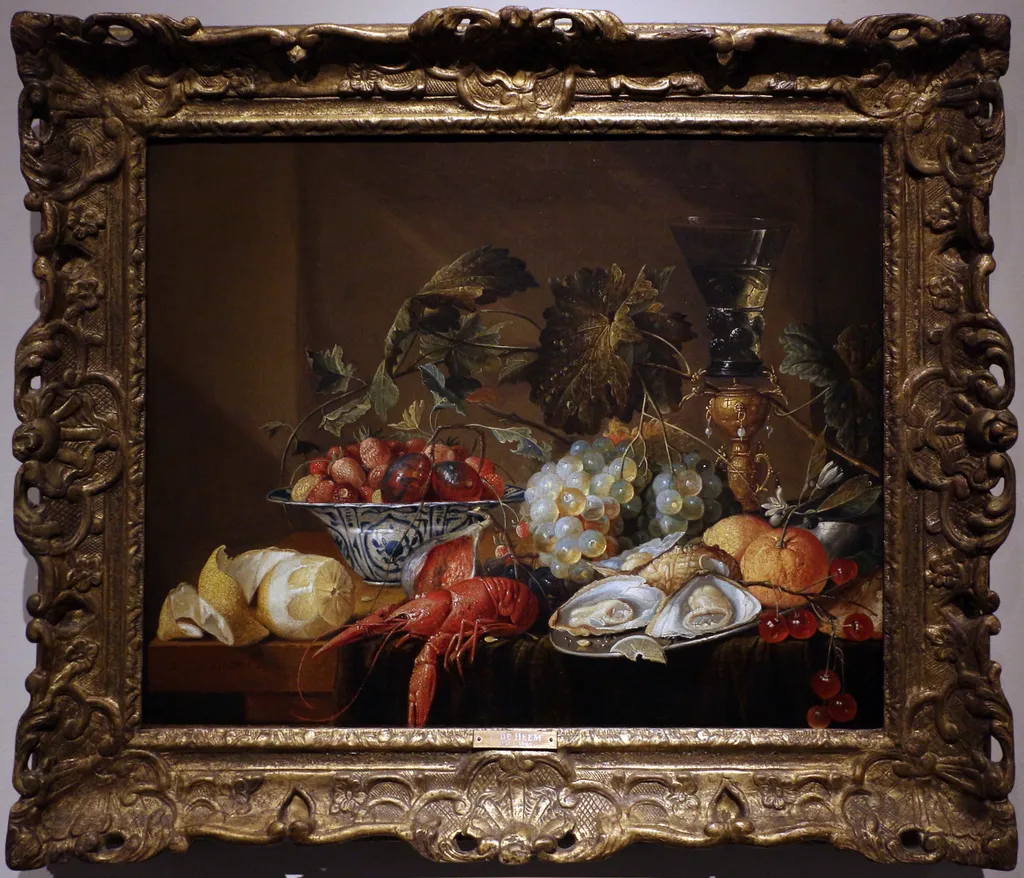 natura morta con gamberone, ostriche e frutta, unspecified