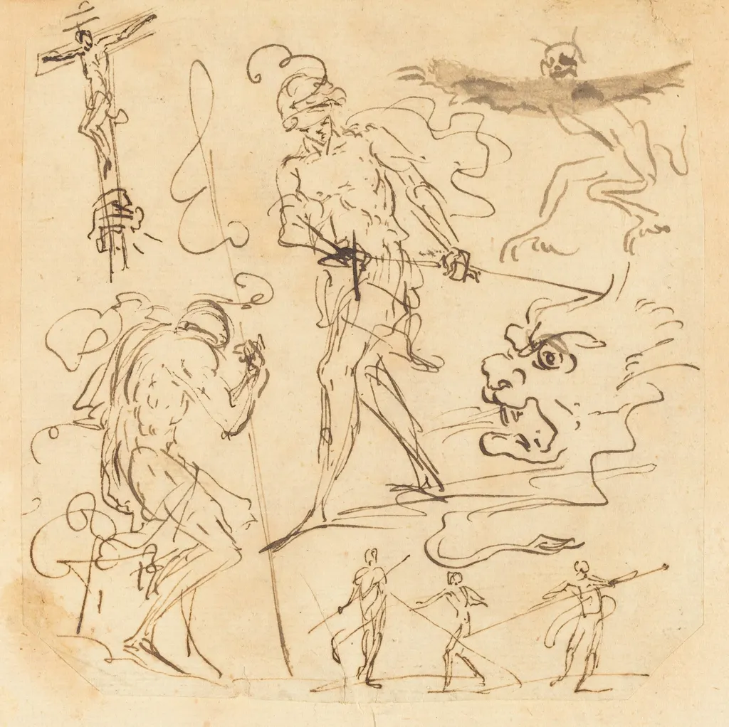 Sheet of Studies with a Soldier Drawing a Sword, a Crucifix, Monstrous Animals, and Other Figures, by Neapolitan 17th Century, ink, 1639