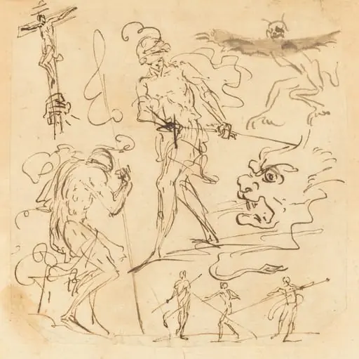 Sheet of Studies with a Soldier Drawing a Sword, a Crucifix, Monstrous Animals, and Other Figures, by Neapolitan 17th Century