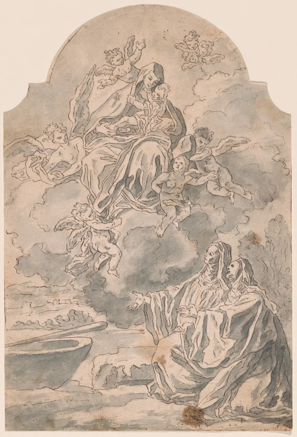 The Virgin and Child Appearing to Two Female Monastics, by Neapolitan 17th Century, ink