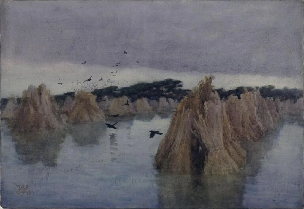 Flooded cornstooks, by Nelson Ethelred Dawson, watercolor, 1893