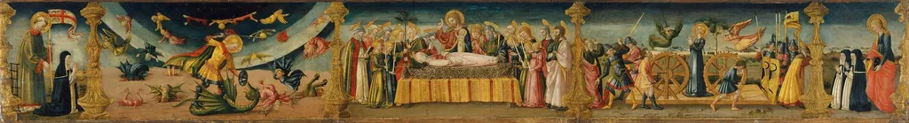 Saint Lawrence, Saint Michael and the Dragon, the Dormitio Virginis and the Martyrdom of Saint Catherine, by Neri di Bicci, unspecified, 1489