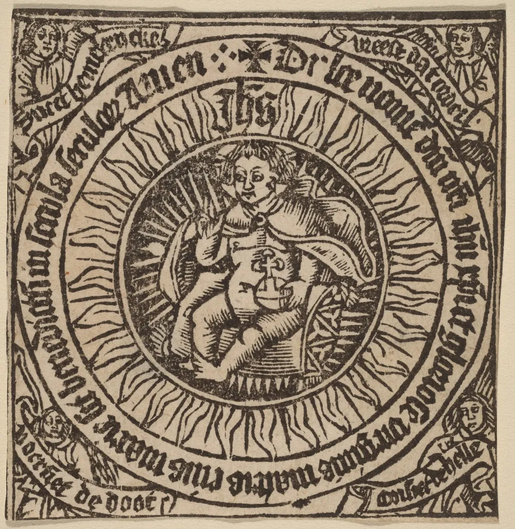 Divine Infant with the Globe in a Circle with Four Angels, by Netherlandish 15th Century, ink