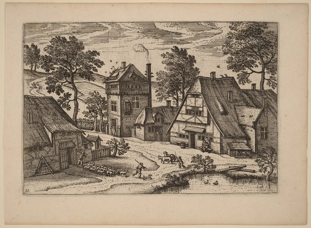 Village with Pond, by Netherlandish 16th Century, ink, 1676