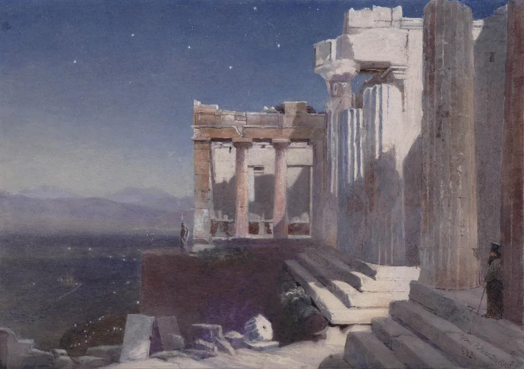 The Propylaea on the Acropolis - Moonlight, by Newton, watercolor, 1883