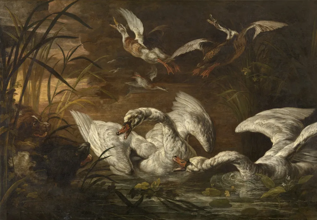 Swans and Dogs, by Nicasius Bernaerts, oil, 1600